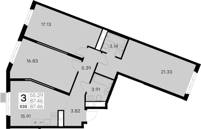 3-комнатная квартира 87.46 м², 5/8 эт., ЖК «Glorax City Балтийская»